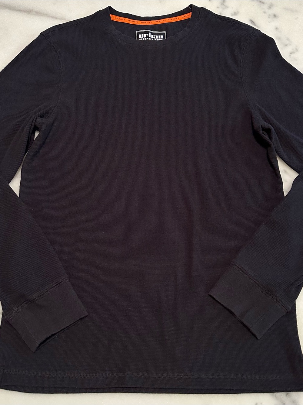 urban pipeline Black Long-Sleeve Crewneck Thermal Shirt with Orange Neck Detail